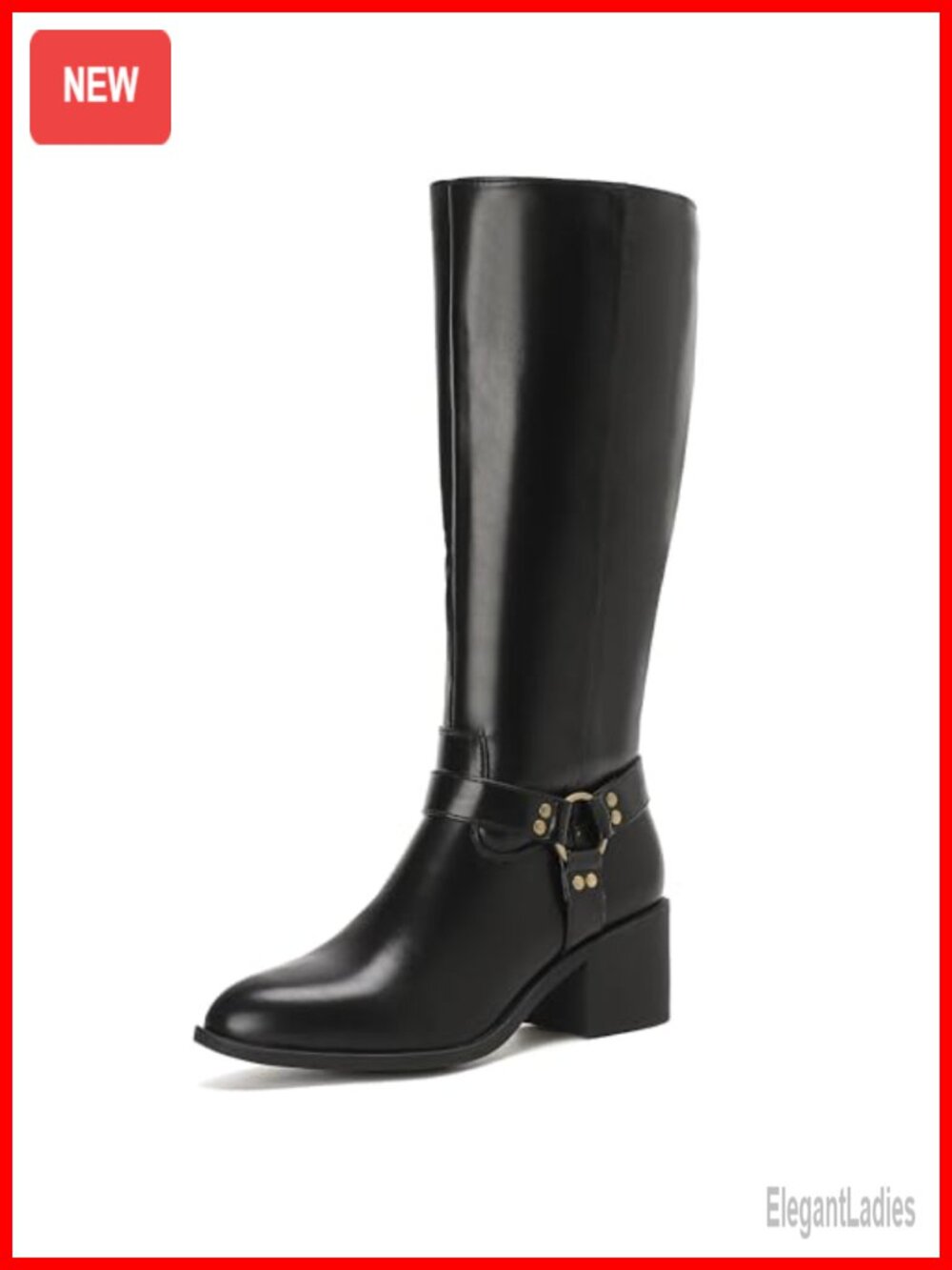 Faux Leather Knee-High Riding Boots Block Heel Buckle Almond Toe